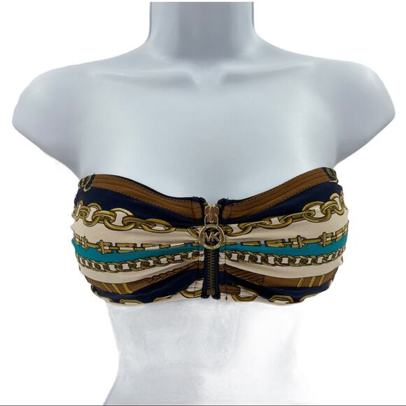 MICHAEL Michael Kors Women's Striped Chain Zip Front Bandeau Bikini Top Size S - Picture 1 of 8
